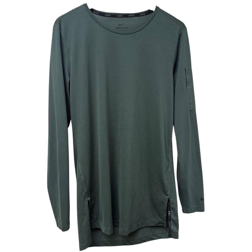 NIKE Dri Fit Running Shirt Mens Medium Olive Green Long Sleeve Cargo Pocket
